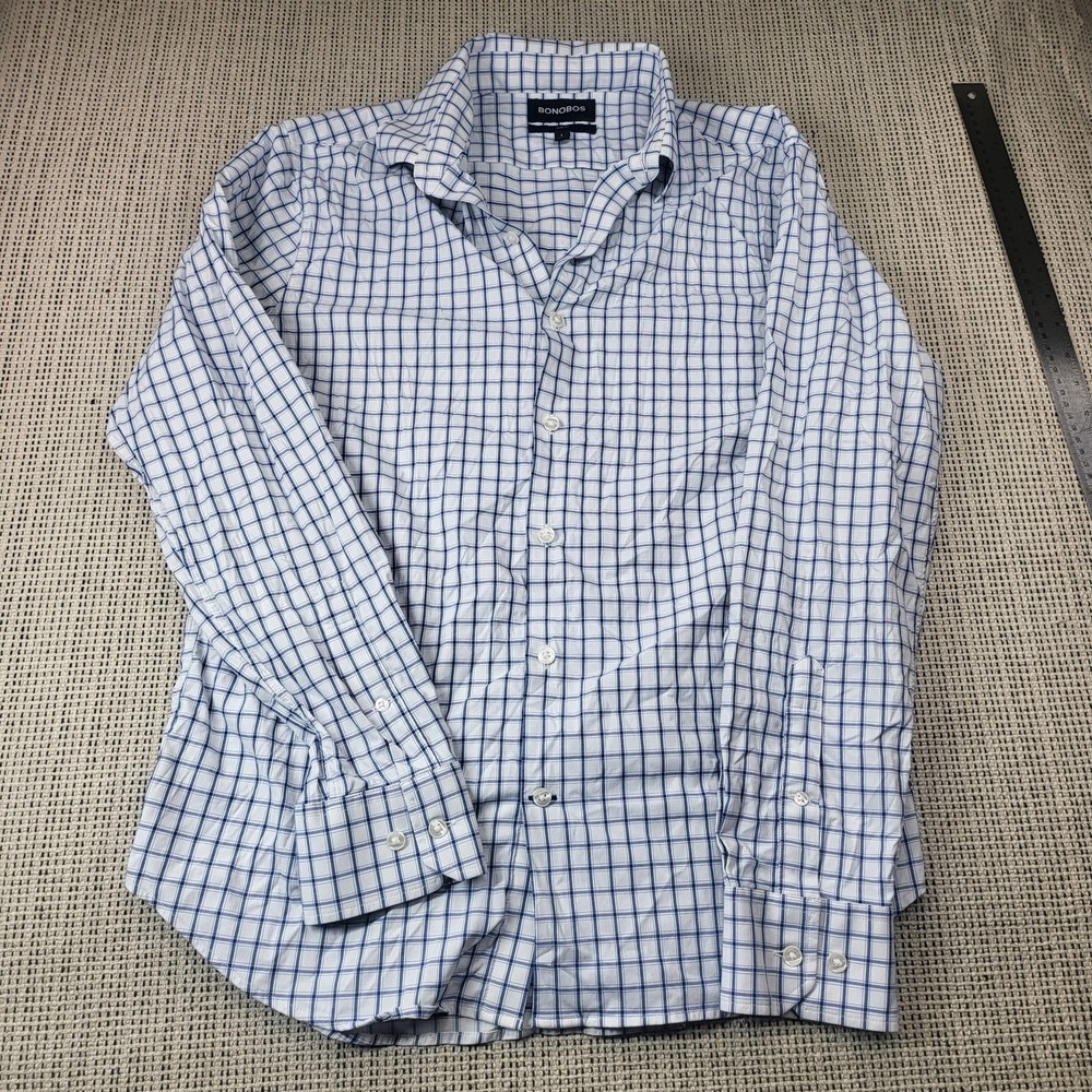 Bonobos Shirt Mens Large White Check Long Sleeve Button Front Slim Fit Casual